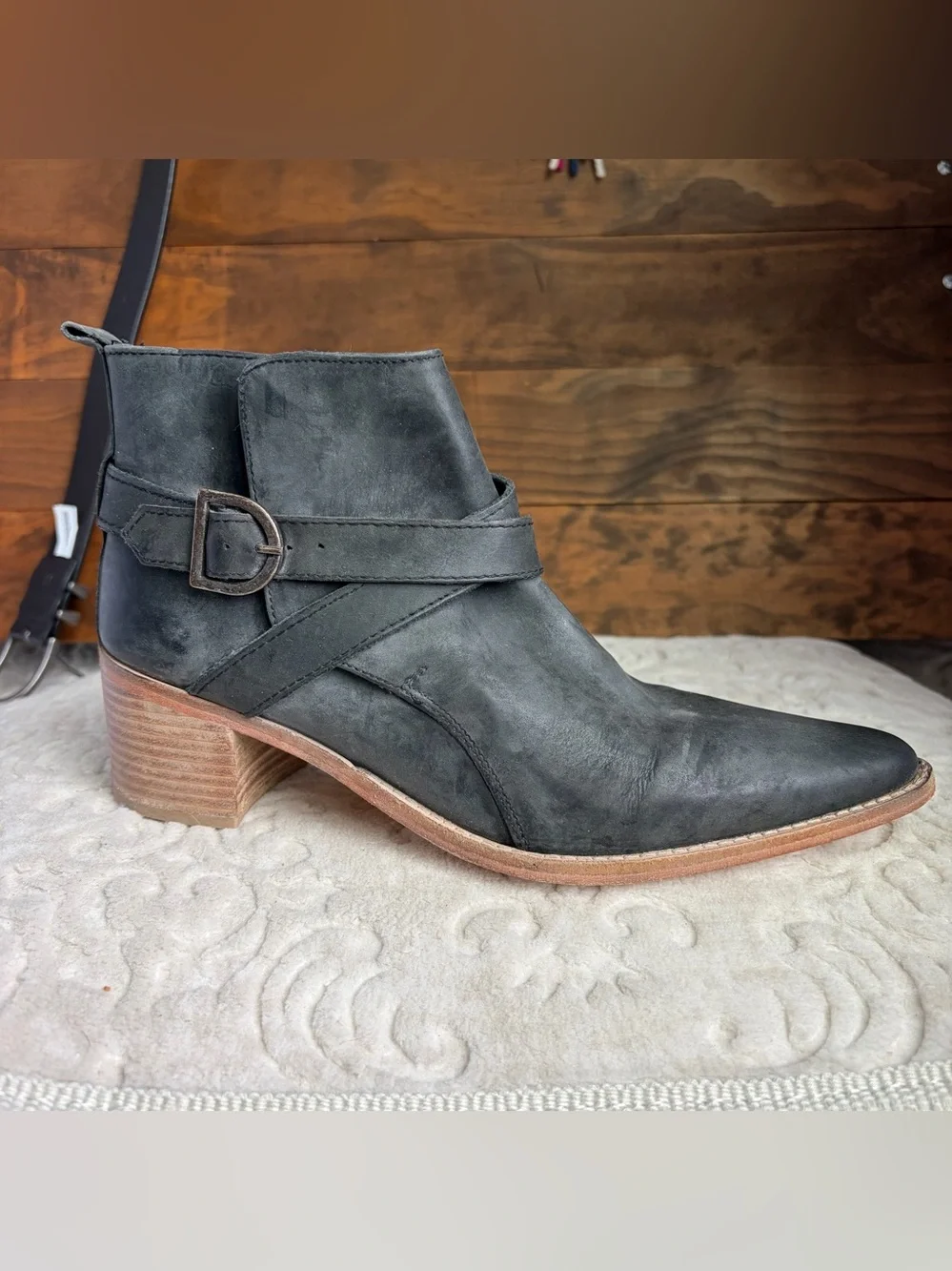 Free People Back Loop Ankle Buckle Boot EU 40 US 10 Washed Black Western